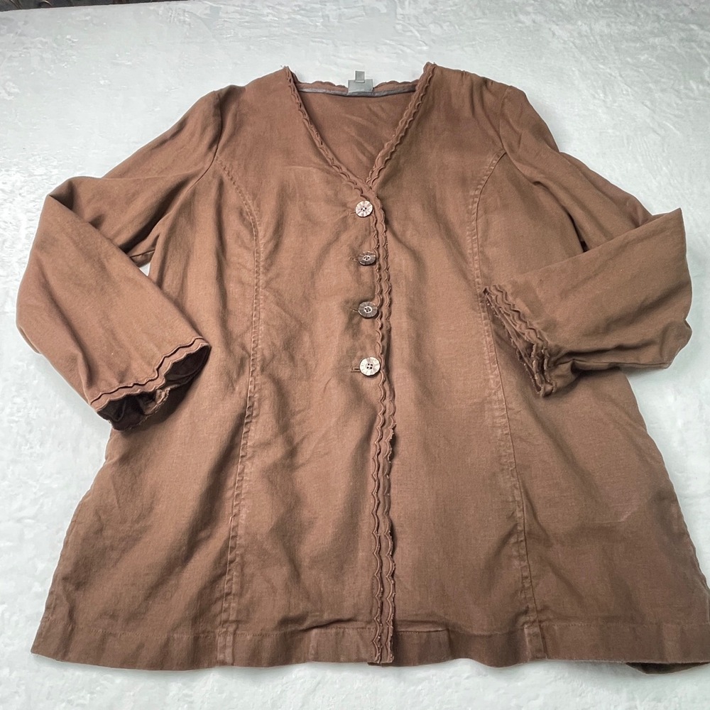 J.Jill Brown 100% Linen Scalloped Trim Button Down Tunic Top XL Tie Back